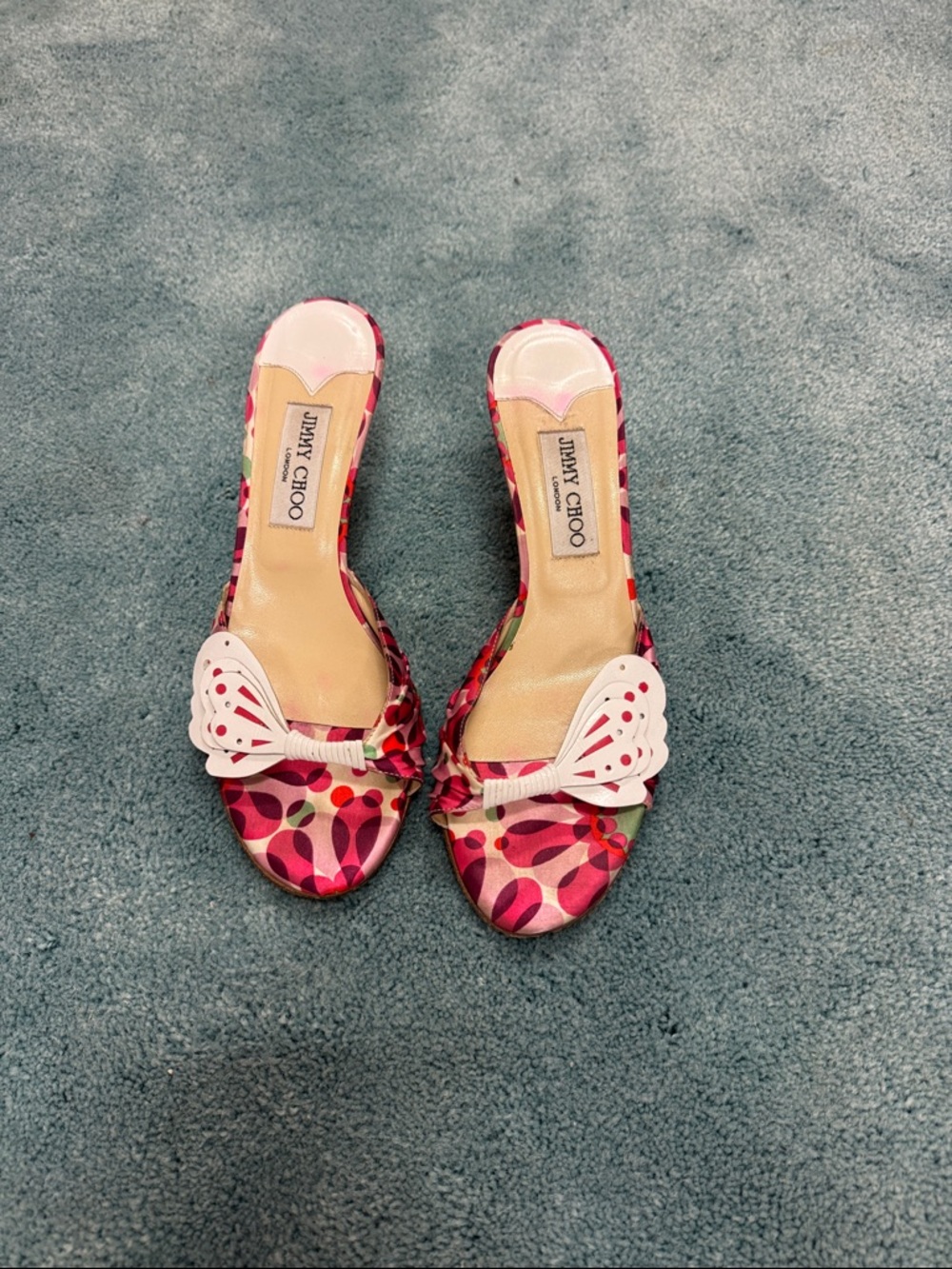 Jimmy Choo Pink Patterned Slide Sandals with White Bow Accent
